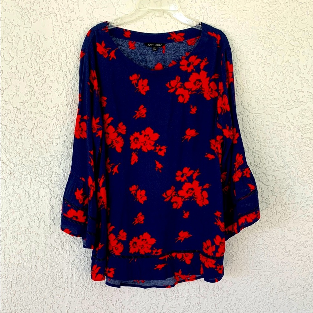 John Mark  Women's Blue and Red Floral Top long bell style sleeves size M